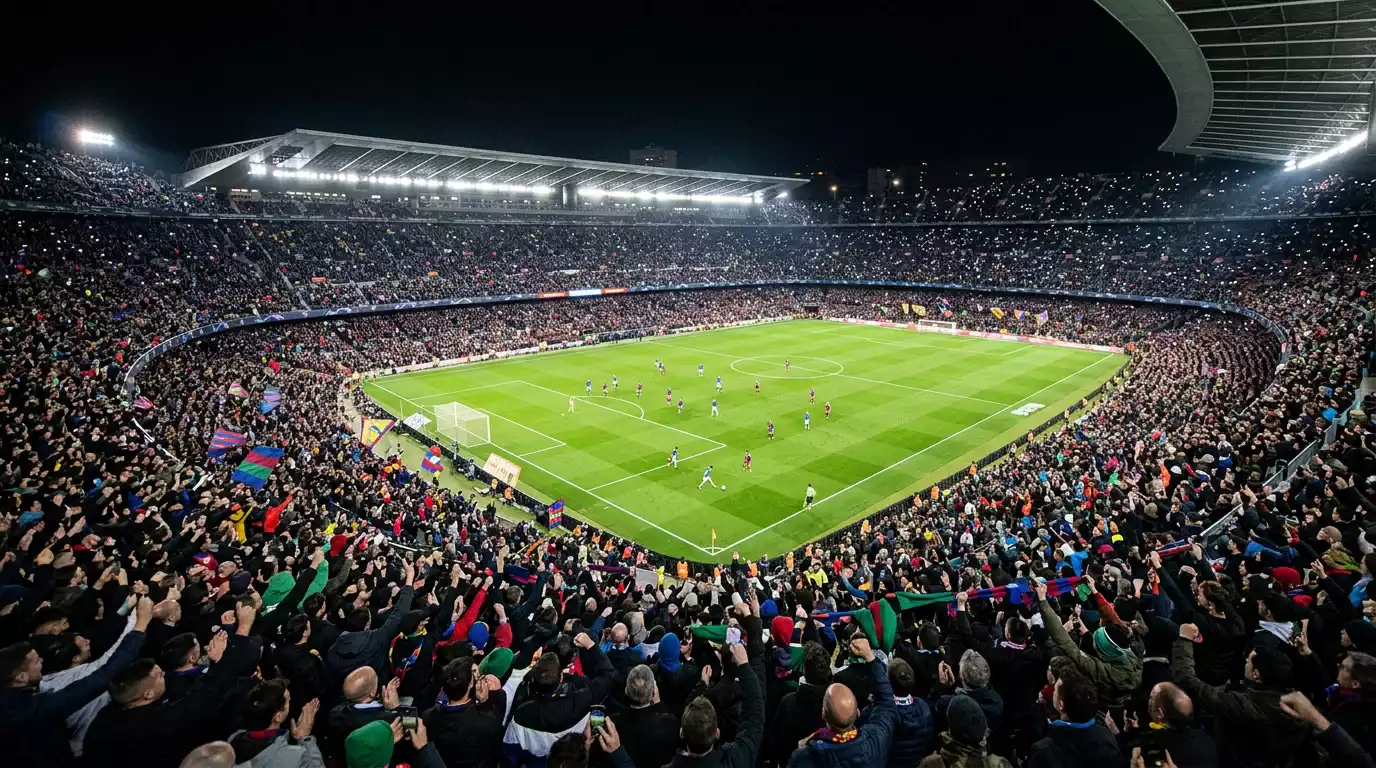 Estadio de fútbol lleno durante un partido nocturno con focos encendidos