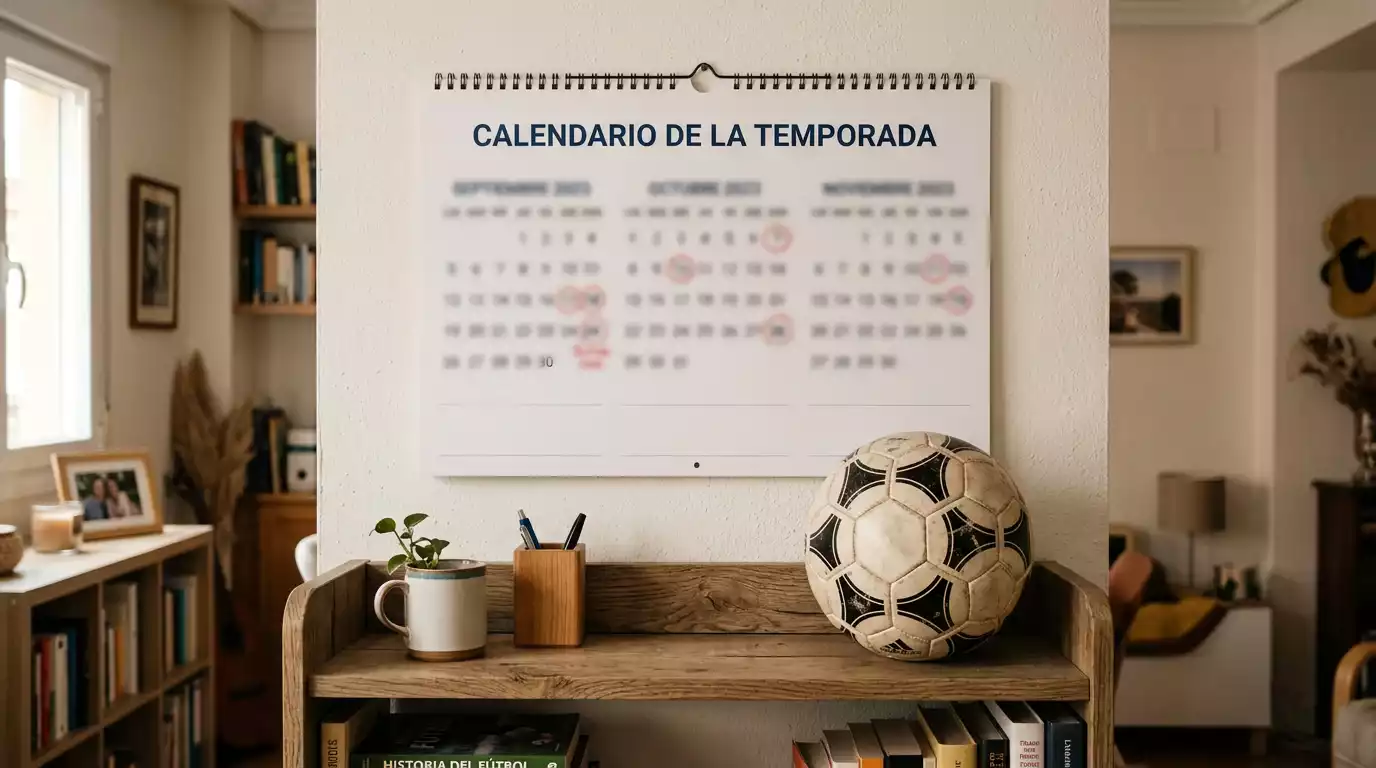 Calendario de pared con meses marcados junto a un balón de fútbol en una estantería