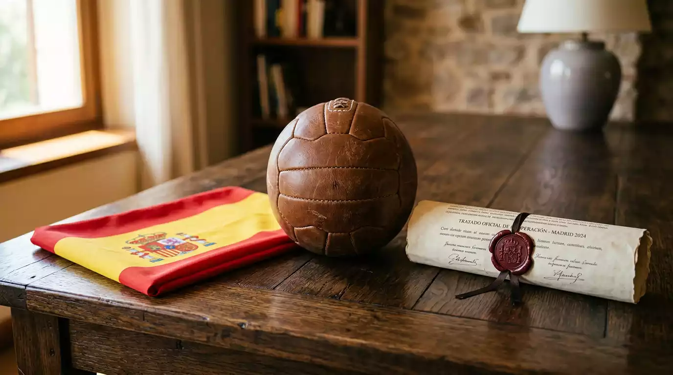 Bandera de España junto a un balón de fútbol y un documento oficial con sello