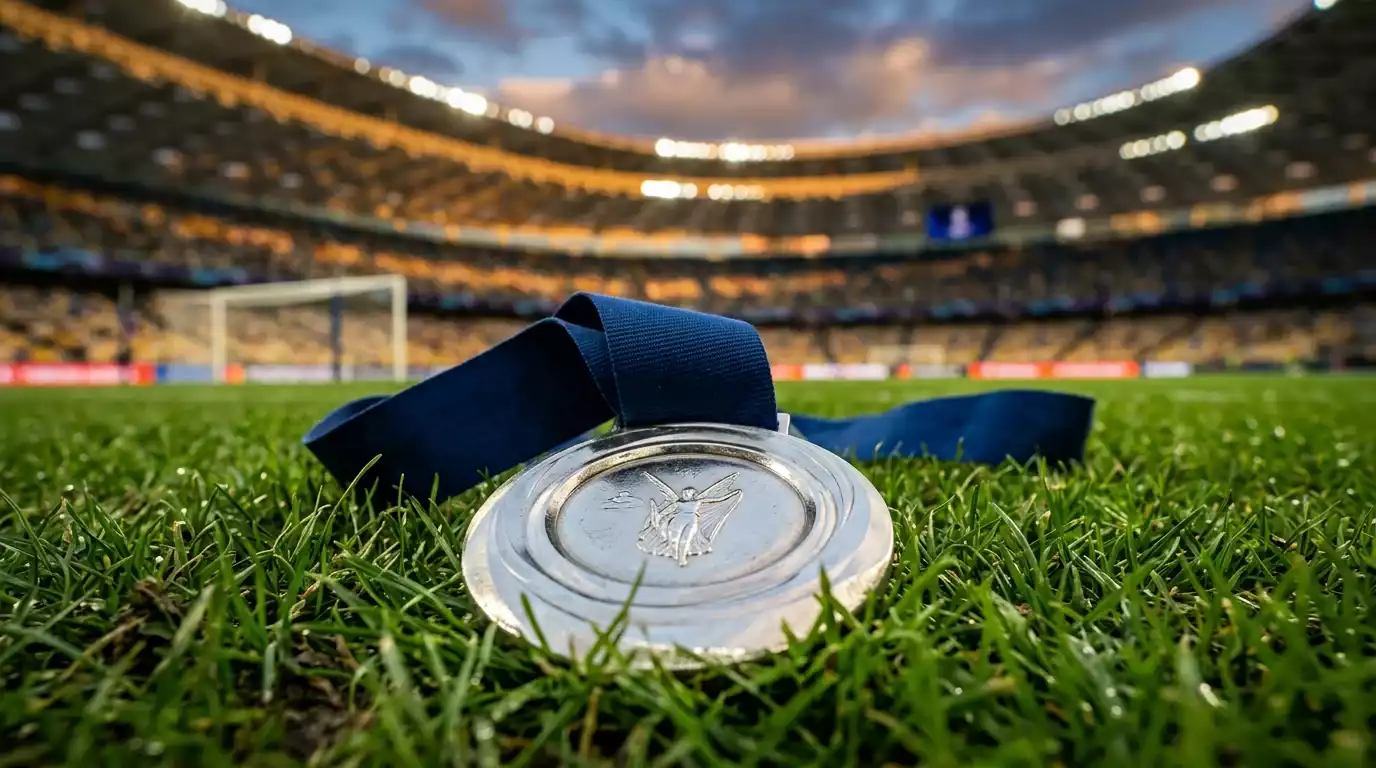Medalla de plata de subcampeón sobre césped de fútbol representando los subcampeonatos de Arsenal