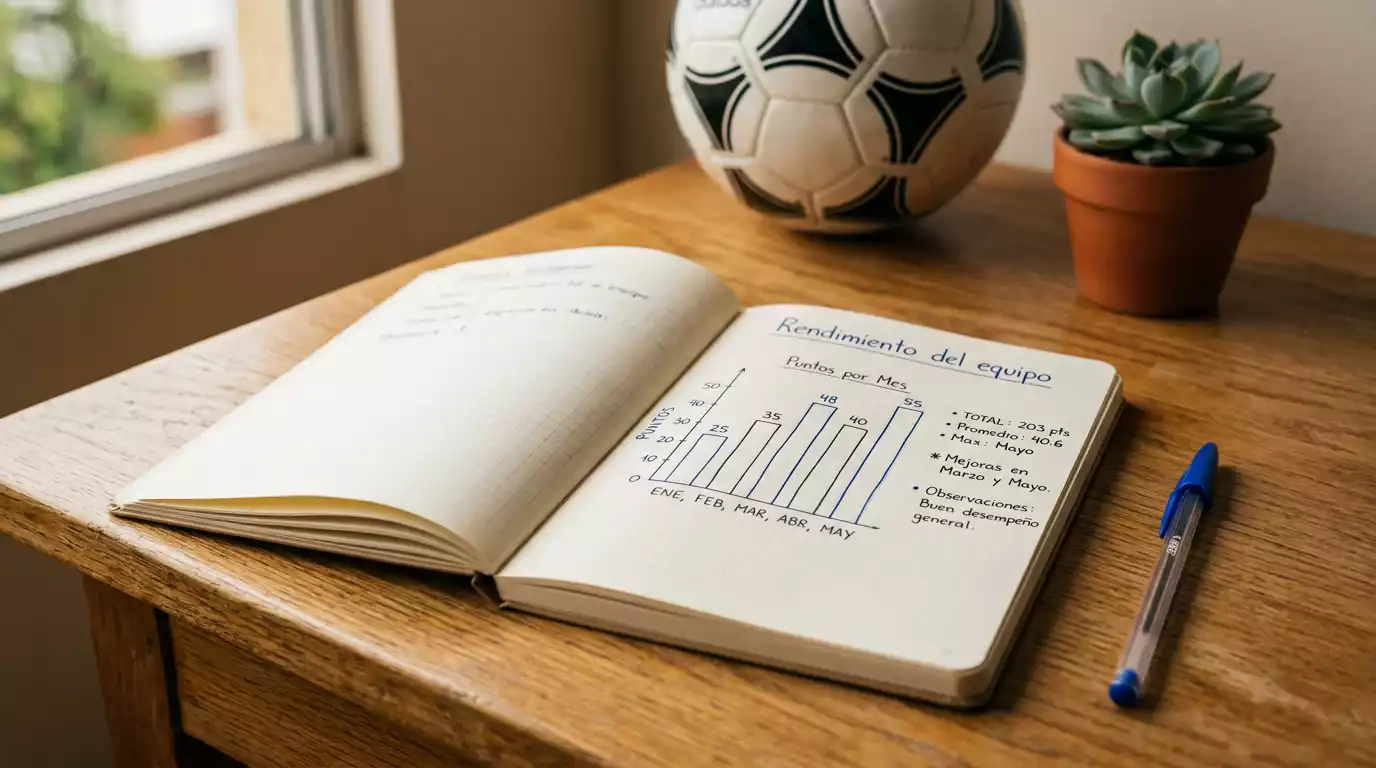 Libreta de anotaciones con gráfico de barras dibujado a mano junto a un bolígrafo y un balón