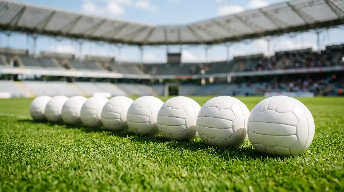 Varios balones de fútbol alineados sobre césped verde de un campo profesional