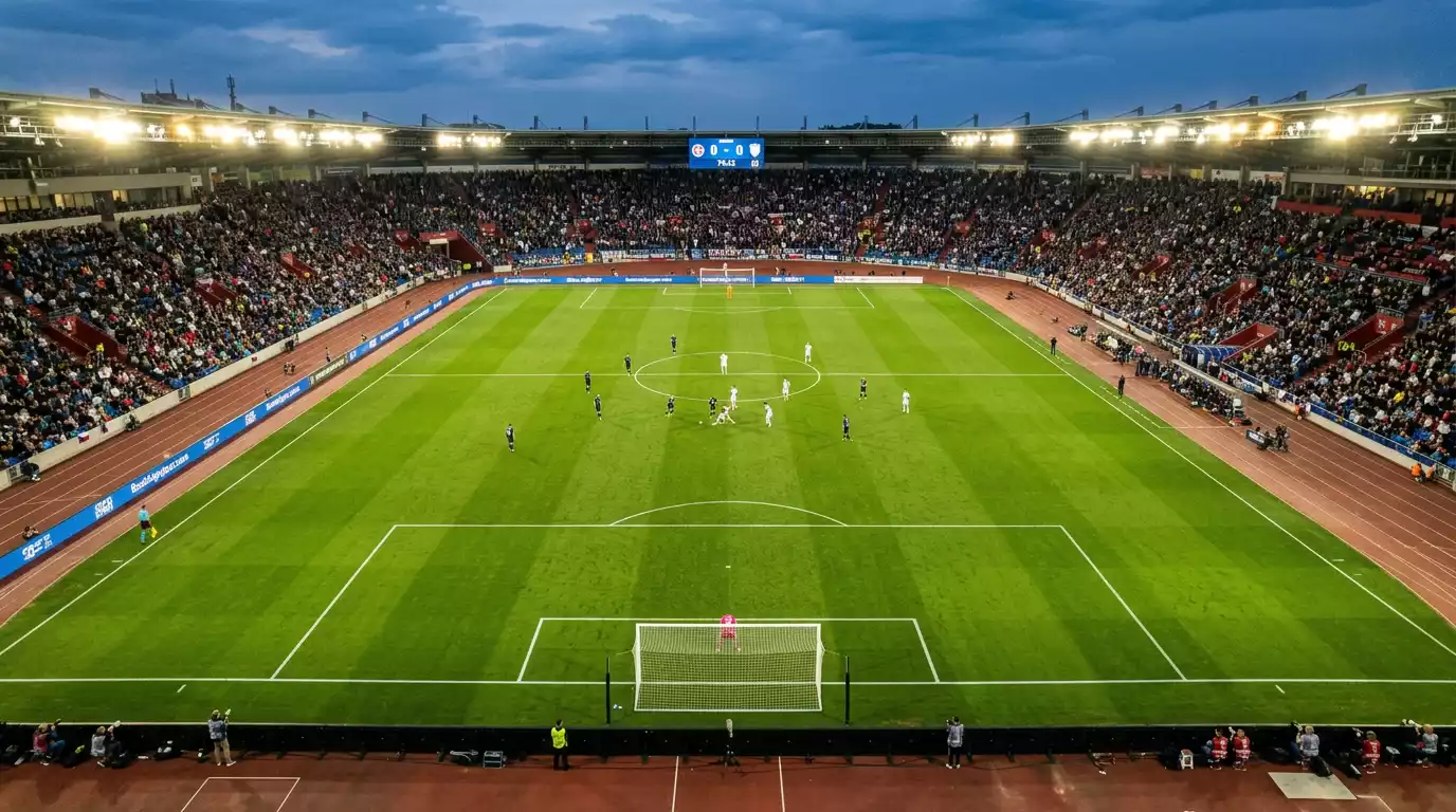Campo de fútbol profesional visto desde arriba mostrando ambas porterías iluminadas