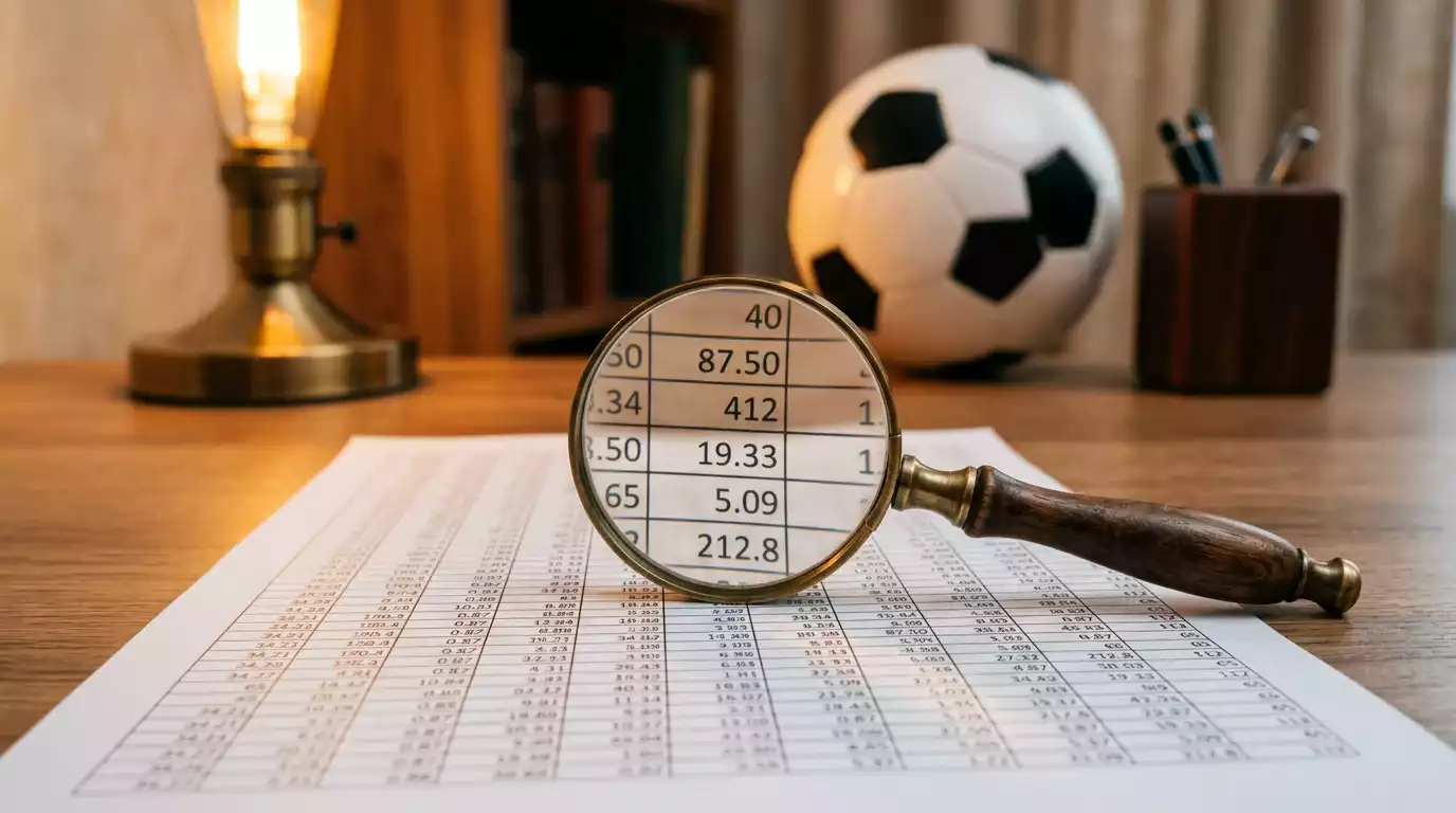 Lupa sobre una tabla de datos numéricos impresos junto a un balón de fútbol