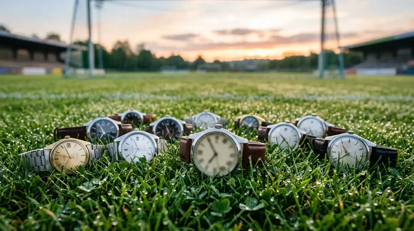 Reloj analógico sobre césped de fútbol marcando una hora temprana