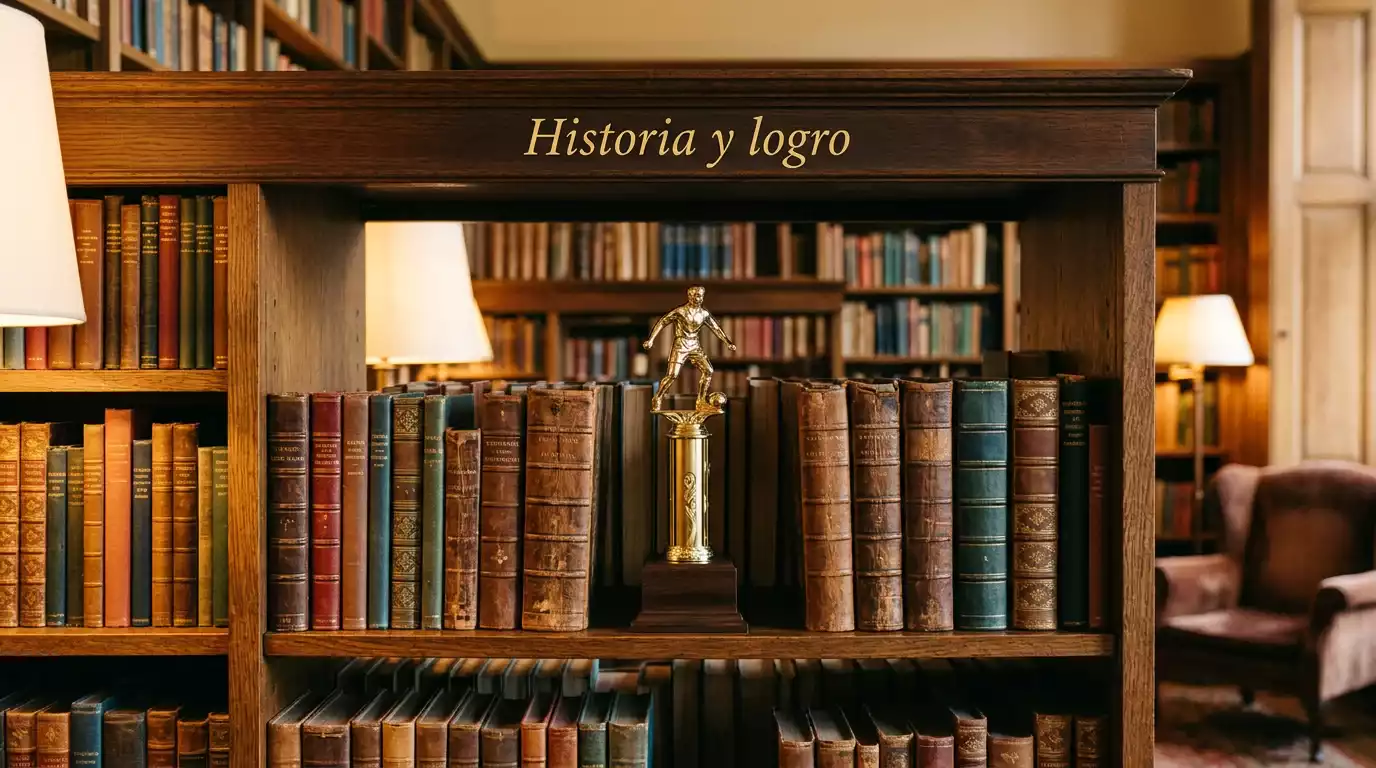 Estantería con libros antiguos y un trofeo de fútbol dorado, representando historia de la liga