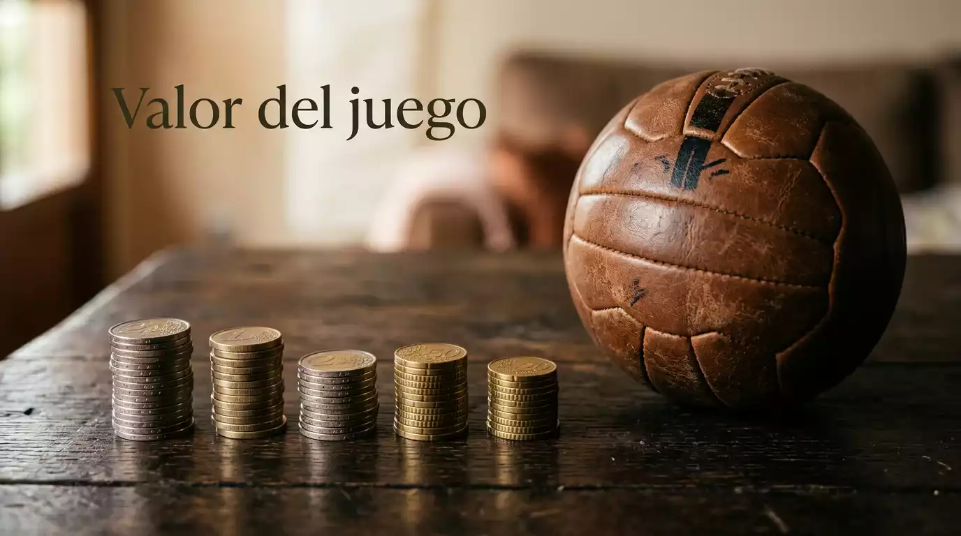 Monedas de euro apiladas junto a un balón de fútbol sobre una mesa de madera