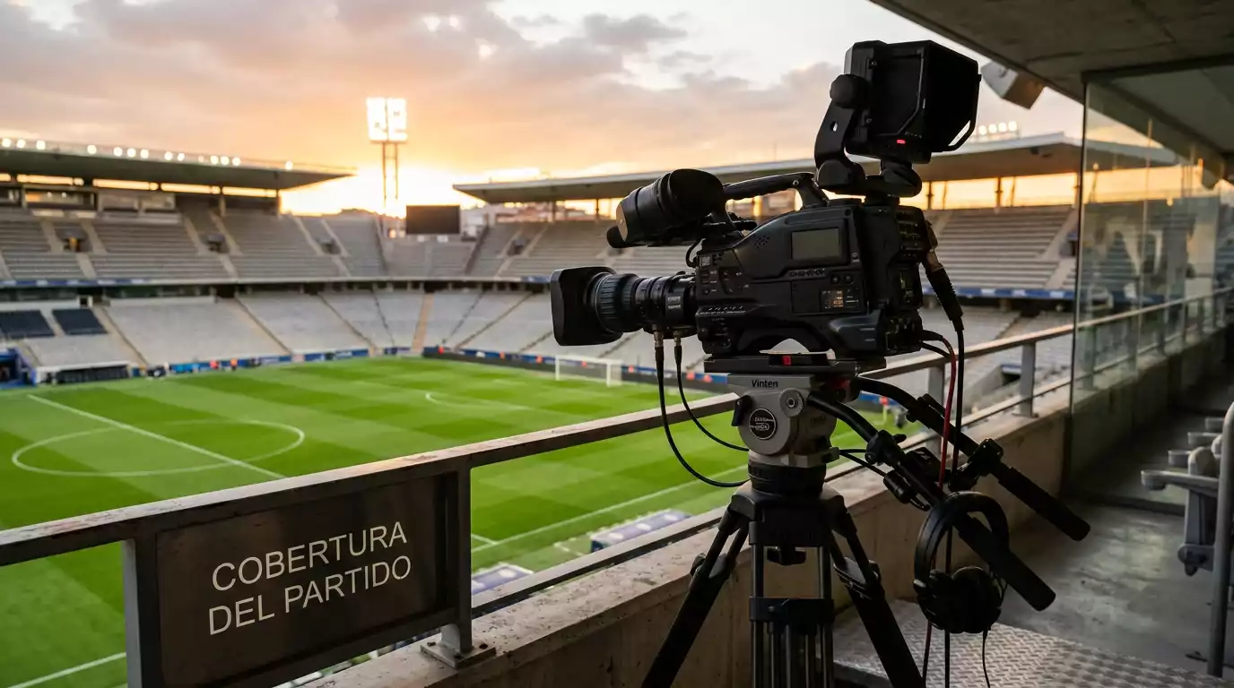 Cámara de televisión profesional enfocando un campo de fútbol vacío desde las gradas