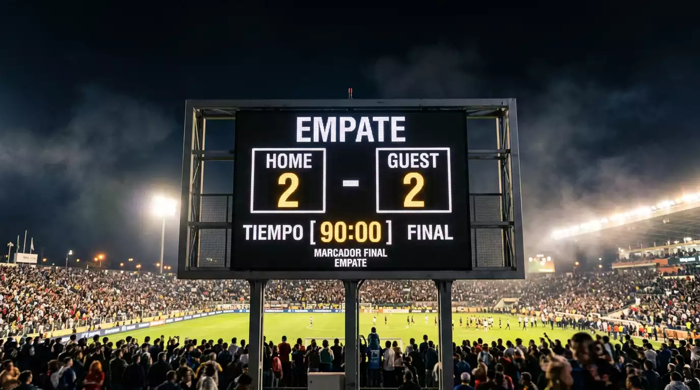 Marcador de estadio mostrando un empate con ambos equipos igualados
