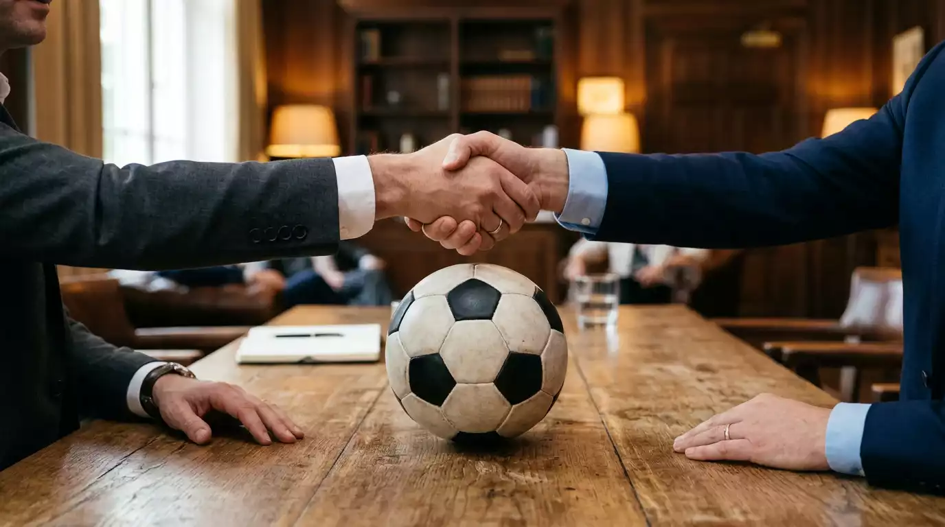 Dos manos estrechándose sobre una mesa con un balón de fútbol entre ellas