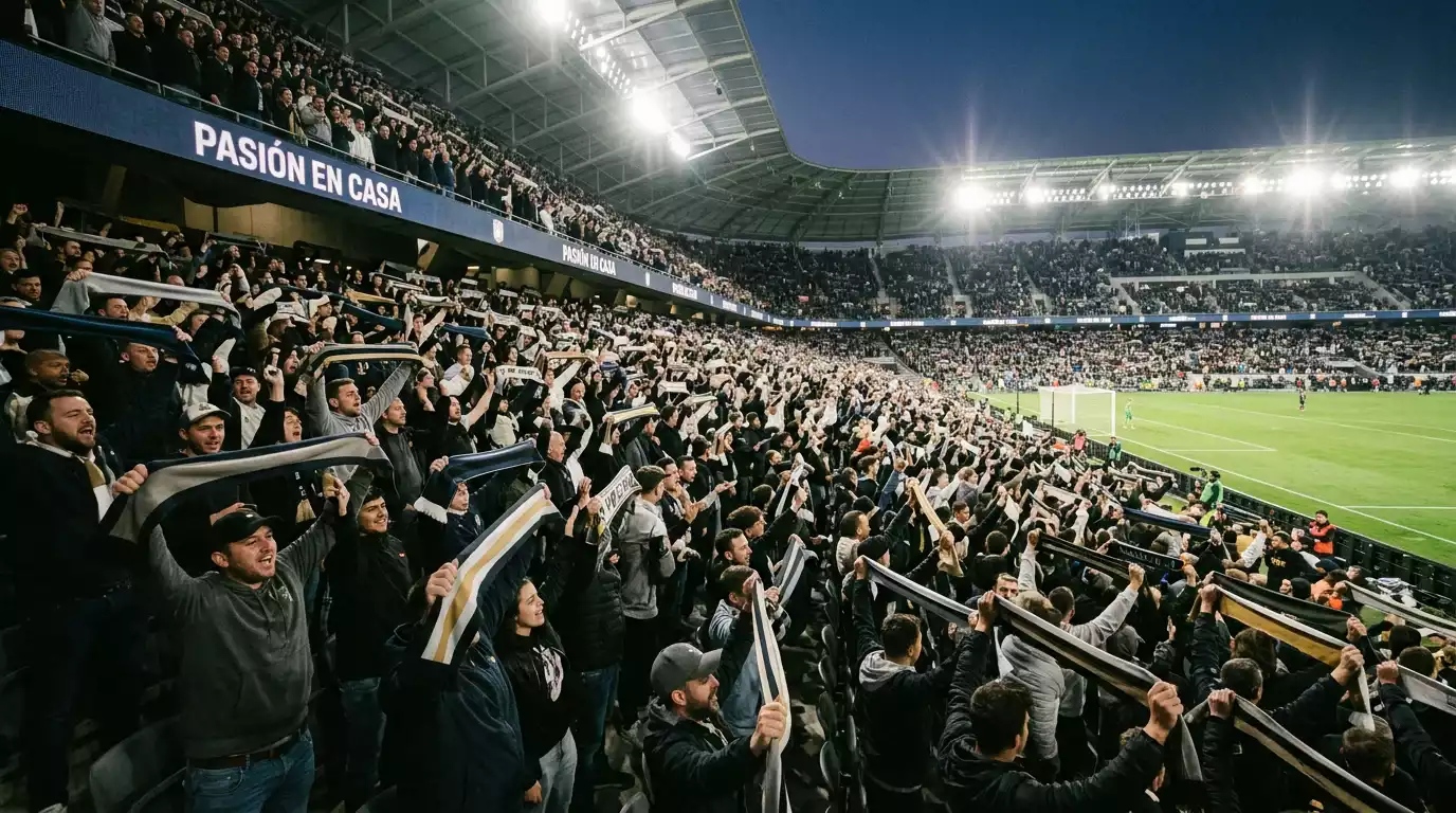 Gradas llenas de un estadio de fútbol con aficionados animando durante un partido