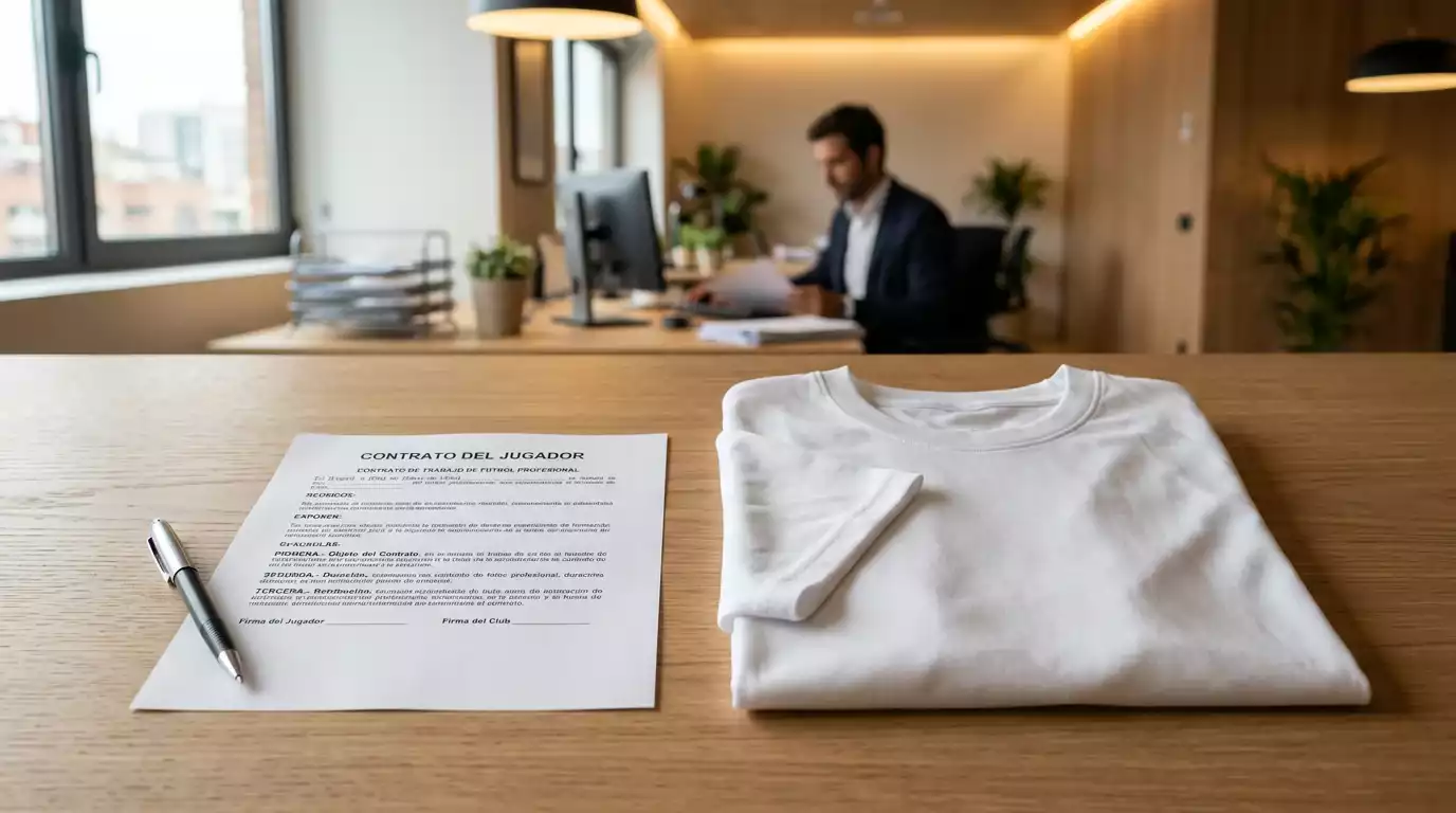 Camiseta de fútbol doblada sobre una mesa de despacho con bolígrafo y contrato