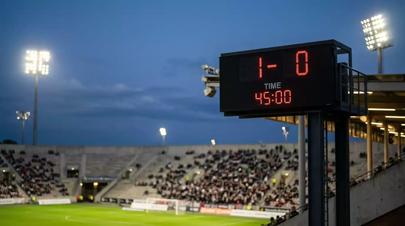 Marcador de estadio de fútbol mostrando un resultado parcial con luces brillantes