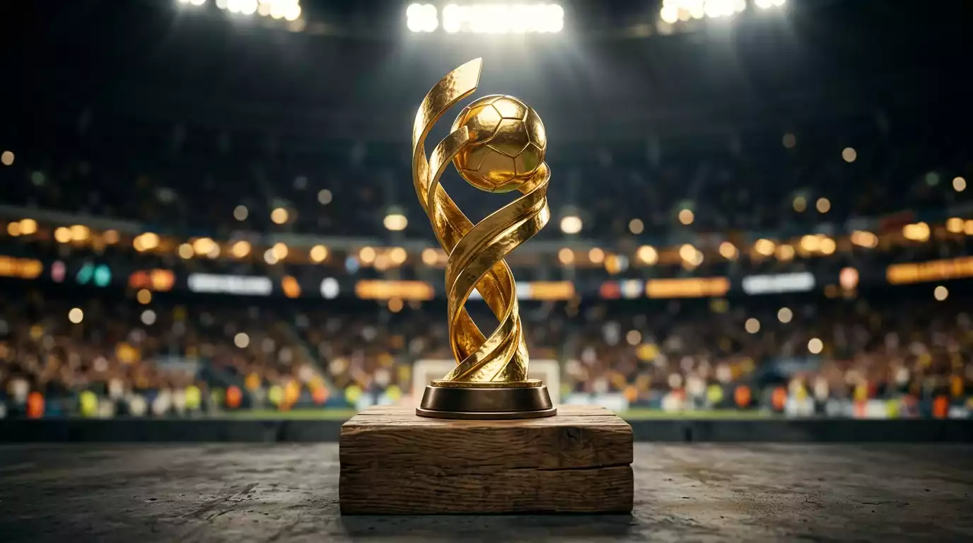 Trofeo dorado de liga sobre un pedestal con luces de estadio al fondo