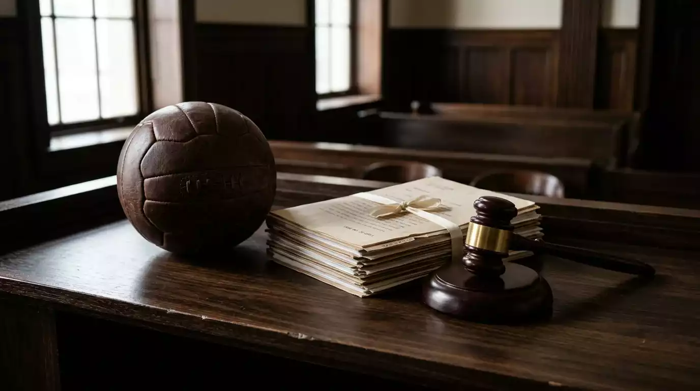 Documentos legales y un mazo de juez sobre una mesa junto a un balón de fútbol