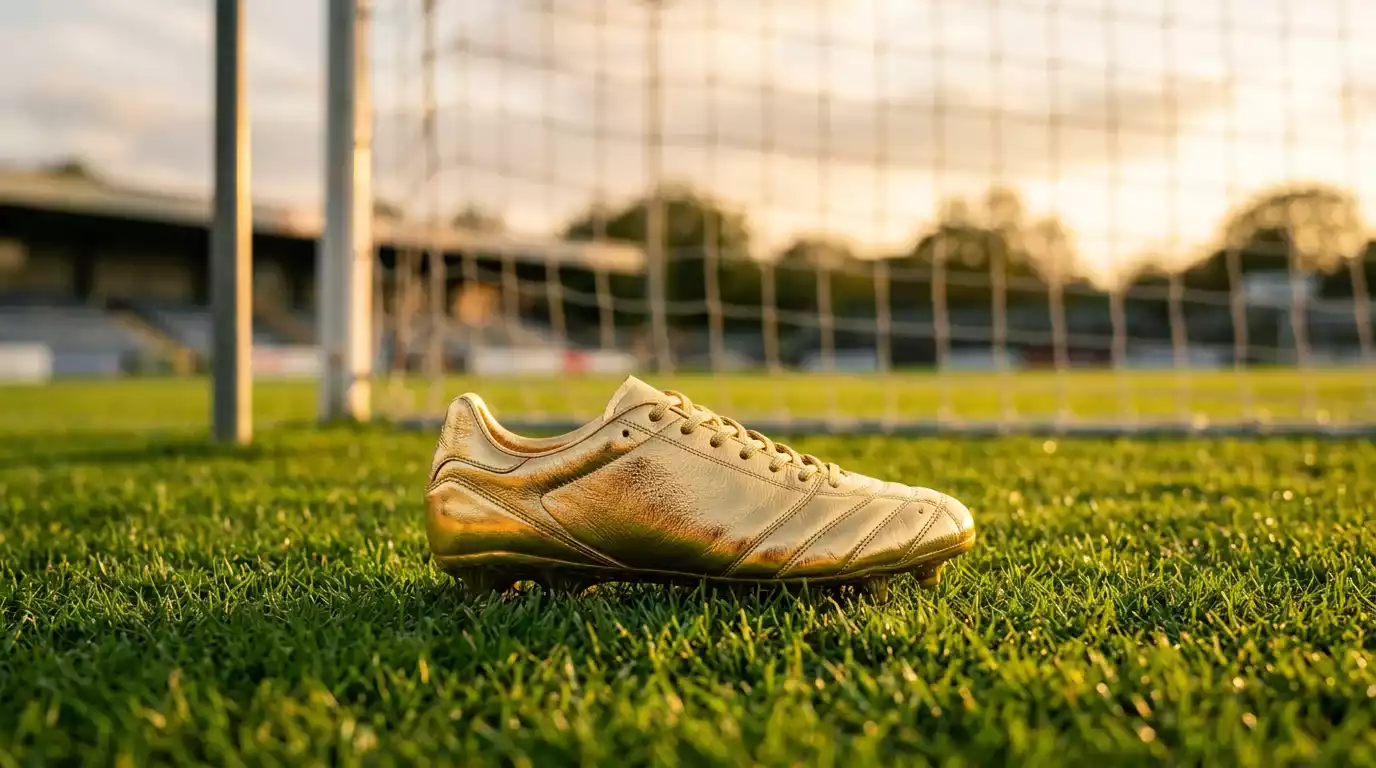 Bota de fútbol dorada sobre césped verde con red de portería al fondo