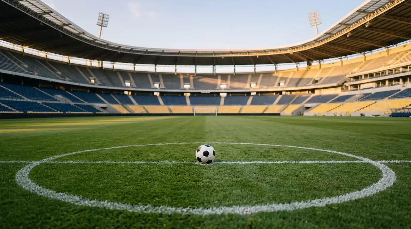 Balón de fútbol en el centro del campo con gradas vacías al fondo