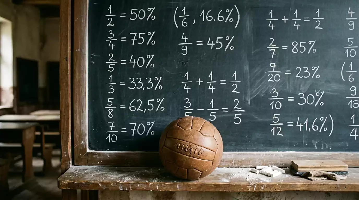 Pizarra con números y porcentajes escritos en tiza junto a un balón de fútbol