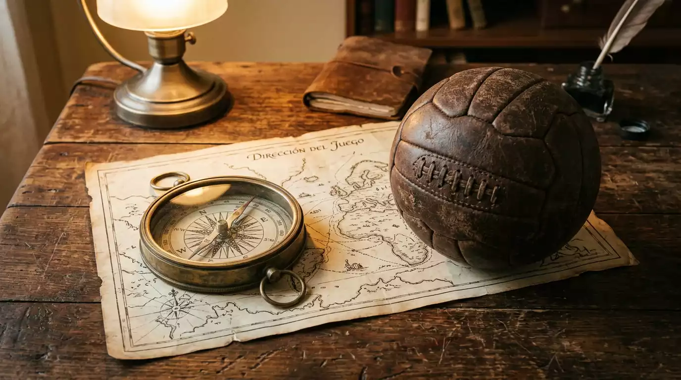 Brújula antigua sobre un mapa con un balón de fútbol al lado, representando orientación en pronósticos