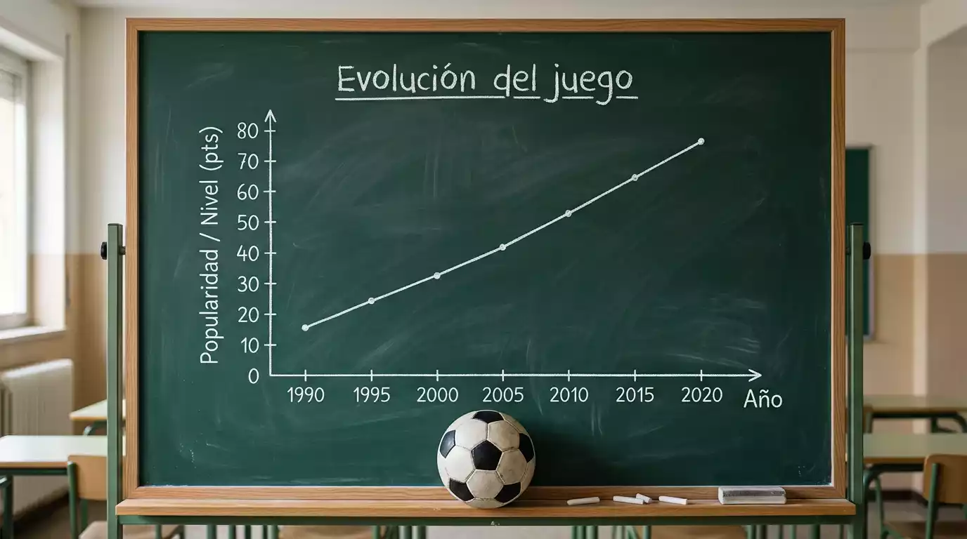 Gráfico de línea ascendente dibujado en una pizarra junto a un balón de fútbol