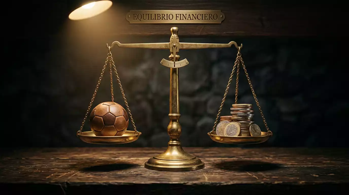 Balanza de precisión con un balón de fútbol en un plato y monedas en el otro