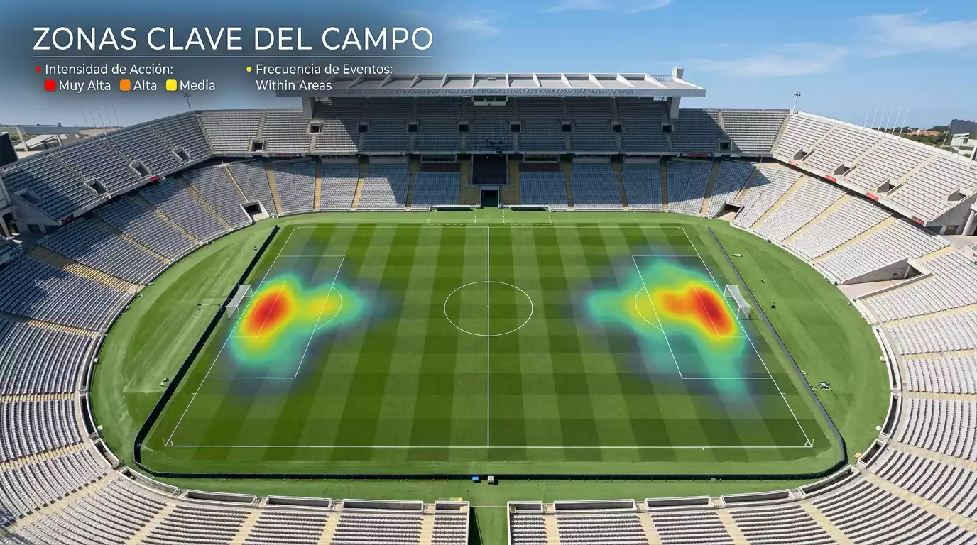 Campo de fútbol visto desde arriba con zonas marcadas representando datos de Expected Goals